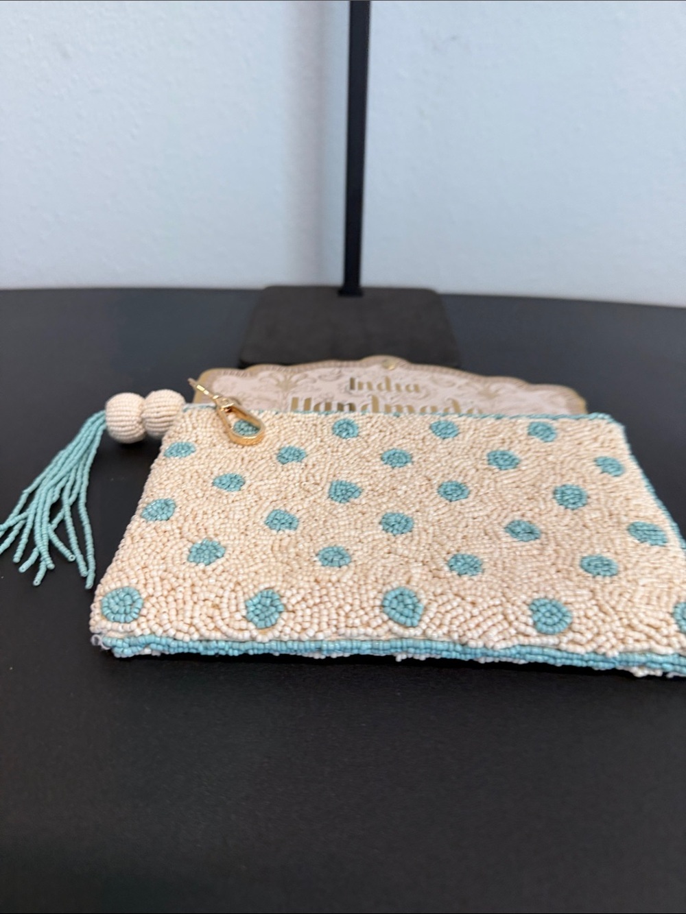 India Handmade | Cream Beaded Wristlet/Wallet w/ Turquoise Polka Dots - Picture 4 of 9